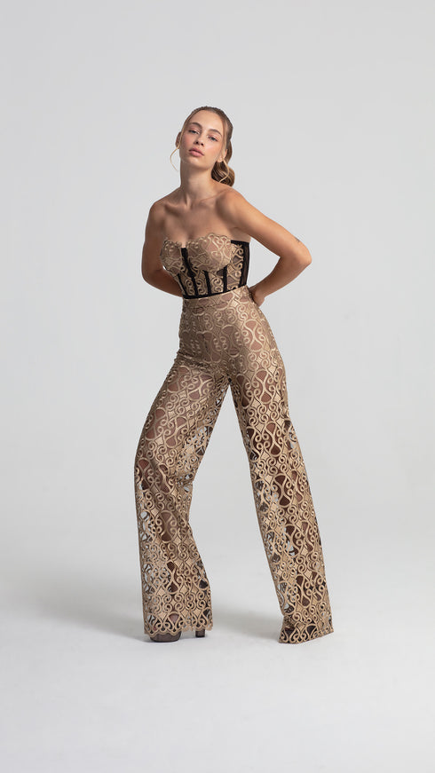 Elegant Gold-Black Lace Trousers